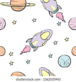 Childish hand drawn elements space, rocket, star, planet in doodle style.for wrapping, poster, web design, kids fabric, textile, nursery wallpaper,seamless pattern