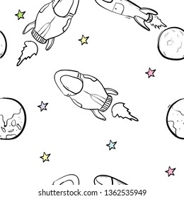 Childish hand drawn elements space, rocket, star, planet in doodle style.for wrapping, poster, web design, kids fabric, textile, nursery wallpaper,seamless pattern