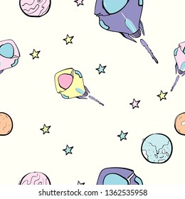 Childish hand drawn elements space, rocket, star, planet in doodle style.for wrapping, poster, web design, kids fabric, textile, nursery wallpaper,seamless pattern