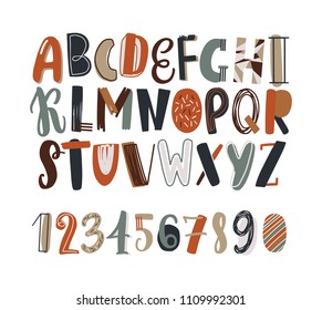 Childish hand drawn latin font or english alphabet decorated with scribble or scrawl. Colored letters arranged in alphabetical order and numbers isolated on white background. Vector illustration