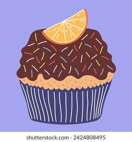 Childish hand drawn muffin with chocolate and orange. Tasty cupcake in doodle kids style