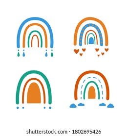 Childish hand drawn rainbows. Boho baby print for kids scandinavian style, cute nursery doodle print. Vector illustration