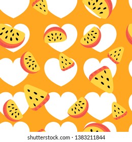 Childish hand drawn repeating pattern of tossed yellow watermelon slices on a white hearts background.
summer theme backdrop