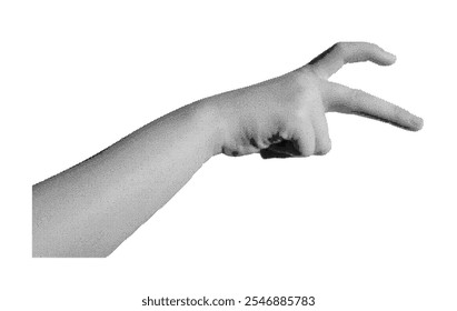 Childish hand gesture with crooked fingers, side view, isolated in retro halftone dot style. Funny, cute motion in a nostalgic 1990s inspired design. Vintage grunge texture with