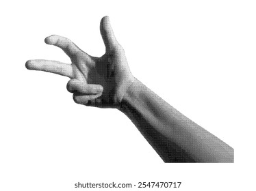 Childish hand gesture with crooked fingers, isolated in retro halftone dot style. Funny and playful motion, ideal for nostalgic 1990s inspired designs. Vintage grunge texture in