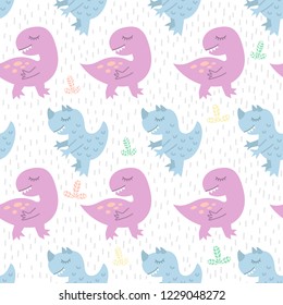 Childish hand-drawn dino. Vector seamless pattern. Cute background for fabric, textile, kid's clothes