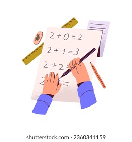 Childish hands with pencil. Child calculate math examples at school. Pupil do mathematical homework. Kid study algebra. Elementary education flat isolated vector illustration on white background