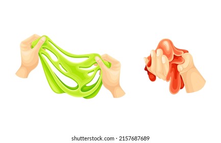 Childish hands playing green and red slimes set. Sticky bright liquid hand gum cartoon vector illustration
