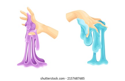 Childish hands playing purple and blue slimes set. Sticky bright liquid hand gum cartoon vector illustration