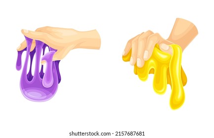 Childish hands playing purple and yellow slimes, sticky bright liquid hand gum cartoon vector illustration