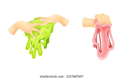 Childish hands playing slimes set. Sticky bright liquid hand gum cartoon vector illustration