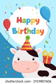 Childish Happy Birthday greeting card with cute cow, gift and balloons. Farm animals. Vector cartoon character.