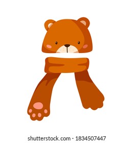 Childish hat with cute bear muzzle and scarf with teddy paws. Winter headdress with lovely animal ears for children. Flat vector cartoon illustration of warm clothes isolated on white background svg
