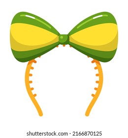 Childish Headband Green Yellow Hairstyle Tool Vector Flat Illustration. Funny Girlish Kids Bow Hair Decoration Accessory Isolated. Elegance Cosmetic Feminine Ribbon Coiffure Styling Beauty Decor