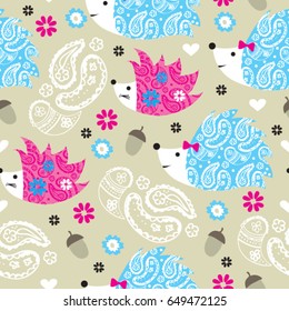 childish hedgehog cute pattern design, seamless pattern with hedgehog, vector textile fabric print, wrapping paper, bedding pattern vector illustration