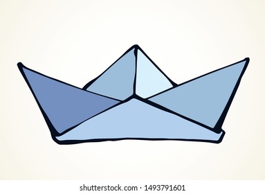 Childish hobby new craft blank paperboat on light backdrop text space. Outline black ink hand drawn kid navy fleet voyage model idea logo pictogram design in retro art doodle print style. Closeup view