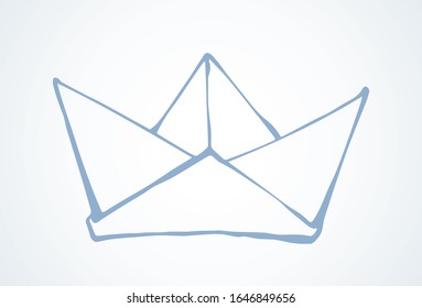Childish hobby new craft blank paperboat on light backdrop text space. Outline black ink hand drawn kid navy fleet voyage model idea logo pictogram design in retro art doodle print style. Closeup view