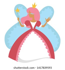 Childish holiday girl in fairy costume Birthday party or carnival vector isolated kid in ball dress and crown with wound and wings fairytale magic female character celebration and having fun