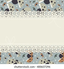 Childish horizontal lace frame with decorative ladybugs can be used for baby birthday invitation, greeting card , baby shower and more designs.