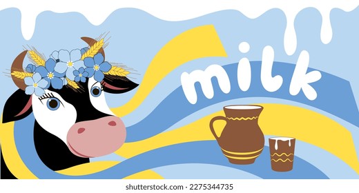 Childish horizontal vector illustration of a cow in a wreath of flowers and ribbons, a jug of milk, a glass and the word "milk". Suitable for book illustrations, nursery, dairy product packaging desig