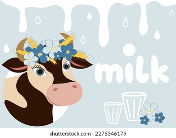 Childish horizontal vector illustration of a cow in a wreath of flowers, glasses of milk and the word "milk" on a blue background. Suitable for book illustrations, nursery, dairy product packaging de