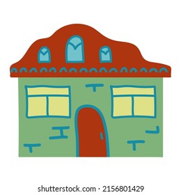 Childish house in simple hand drawn style. Colorful building of city or village. Vector handdrawn illustration isolated on white for kids design