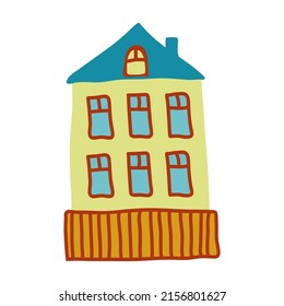Childish house in simple hand drawn style. Colorful building of city or village. Vector handdrawn illustration isolated on white for kids design