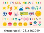 Childish icon set in pixel art. Funny naive design elements. Sun, music note, robot, smiling face, rainbow Mood of 90