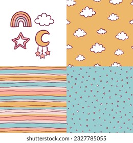 Childish icons and abstract seamless patterns set. Patchwork collection vector design with hand-drawn elements. Repeatable ornate and icons