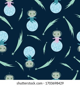 Childish illustration cartoon  cute scottish fold cats is sitting on a planet with a flying comet. Vector seamless pattern for kids design, wrapping paper, wallpaper, textile, apparel, fabric.