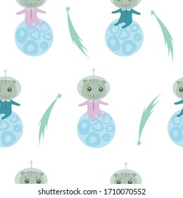 Childish illustration cartoon  cute scottish fold cats is sitting on the planet with a flying comet. Vector seamless pattern for kids design, wrapping paper, wallpaper, textile, apparel, fabric.
