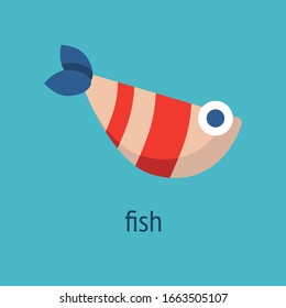 childish illustration with cartoon striped fish on a blue background