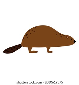  Childish illustration of cute beaver isolated on white background. Forest beaver hand drawn in cartoon style.