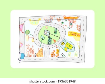  Childish illustration with cute cartoon landscape with buildings and cats and street, hand drawn picture. Vector ipustration with small cars for wallpaper, fabric, wrapping for children.
