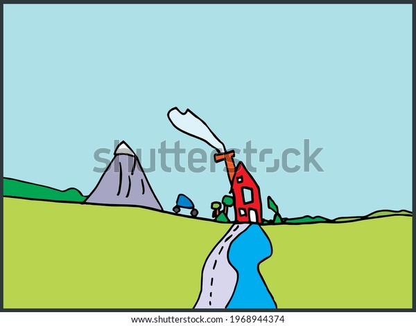 Childish\
illustration with cute cartoon landscape with house and mountain \
and street, hand drawn picture. Vector ipustration with small cars\
for wallpaper, fabric, wrapping for\
children.