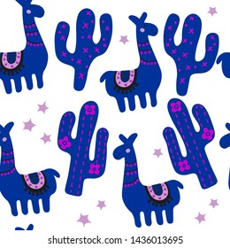 Childish illustration with cute lama and cactus. Funny cartoon alpaca.  Blue multicolor scandinavian seamless pattern. Nursery print for textile isolated on white background.