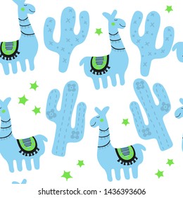 Childish illustration with cute lama and cactus. Funny cartoon alpaca.  Blue bright scandinavian seamless pattern. Nursery print for textile isolated on white background.