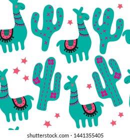 Childish illustration with cute lama and cactus. Funny cartoon alpaca.  Green bright scandinavian seamless pattern. Nursery print for textile isolated on white background.