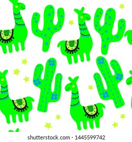 Childish illustration with cute lama and cactus. Funny cartoon alpaca.  Green trendy scandinavian seamless pattern. Nursery print for textile isolated on white background.