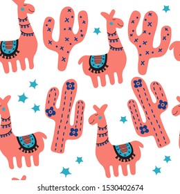 Childish illustration with cute lama and cactus. Funny cartoon alpaca.  Orange stylish scandinavian seamless pattern. Nursery print for textile isolated on white background.