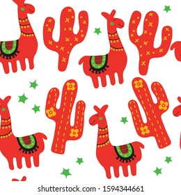Childish illustration with cute lama and cactus. Funny cartoon alpaca.  Orange girlish scandinavian seamless pattern. Nursery print for textile isolated on white background.