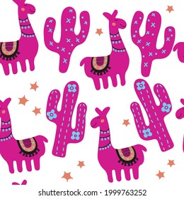 Childish illustration with cute lama and cactus. Funny cartoon alpaca.  Purple stylish scandinavian seamless pattern. Nursery print for textile isolated on white background.