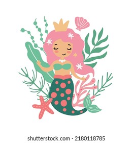 Childish illustration with cute mermaid,  seaweed, seashell and sea star. Creative kids hand drawn composition for posters, cards, prints for wallppaper, t-shirts, pillows, mugs. Vector graphics.