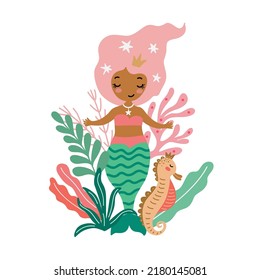 Childish illustration with cute mermaid,  seaweed, seahorse on a white background. Creative kids hand drawn composition for posters, cards, prints for  t-shirts, pillows, mugs. Vector graphics.