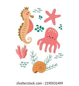 Childish illustration with cute octopus, seahorse and seaweed. Creative kids hand drawn composition for posters, cards, prints for wallppaper, t-shirts, pillows, mugs. Vector graphics.