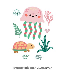 Childish illustration with cute turtle, jellyfish and seaweed. Creative kids hand drawn composition for posters, cards, prints for wallppaper, t-shirts, pillows, mugs. Vector graphics.