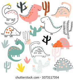 Childish Illustration With Hand Drawn Set Of Dino In Doodle Style. Perfect For Kids Fabric, Textile, Nursery Wallpaper.