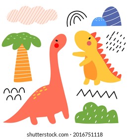Childish illustration with hand drawn set of dino in doodle style. Perfect for kids fabric, textile, nursery wallpaper.  Vector flat illustration