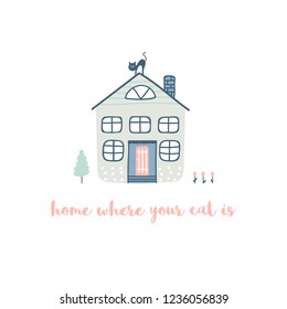 Childish illustration with house with tree and cat in cartoon style and inscription isolated on white background. Vector illustration.