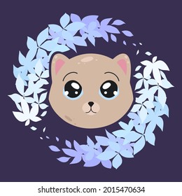 Childish illustration of a little lovely kitten in plant wreath on dark blue background. Cute baby animal. Vector cartoon flat drawing of cat for nursery, stickers and cards.